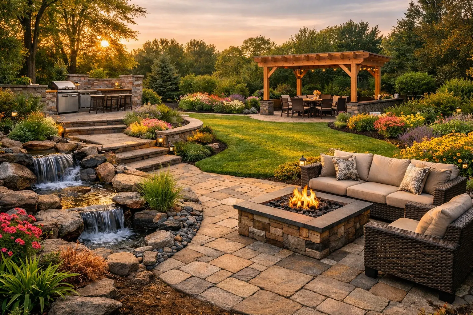 Landscape and hardscape design project in New Jersey — planting beds alongside a paver walkway and seating wall