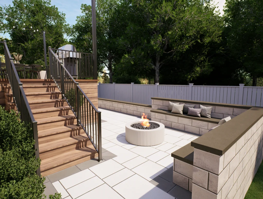 Sunken paver patio with a round gas fire pit, block retaining walls with built-in bench seating, and wood steps up to a raised deck