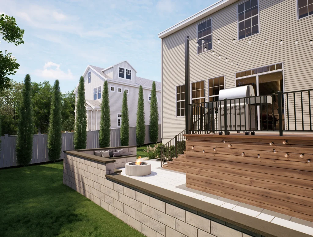 Backyard hardscape design with a paver patio, round gas fire pit, block retaining wall with built-in seating, and a raised wood deck