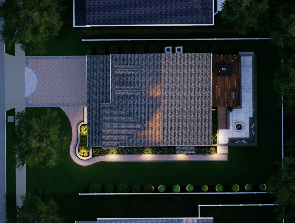 Overhead night view of a landscape design plan with curved paver walkways, landscape lighting, planting beds, a wood deck, and a patio fire pit
